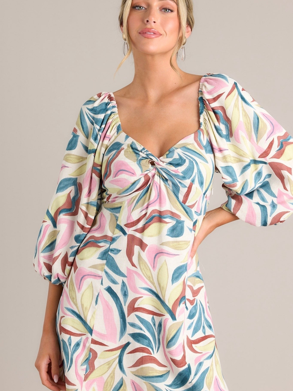 Z Supply Floral Twist-Front Midi Dress - Pink, Teal & Mustard